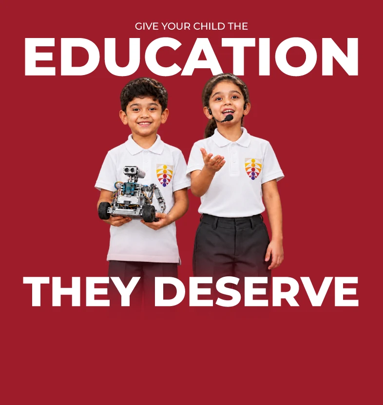 Two RISE students, one holding a robot and one with a microphone: Give your child the education they deserve