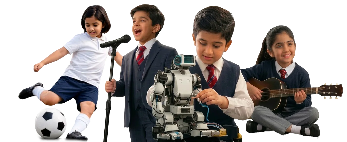 Students playing football, singing, building a robot and playing guitar